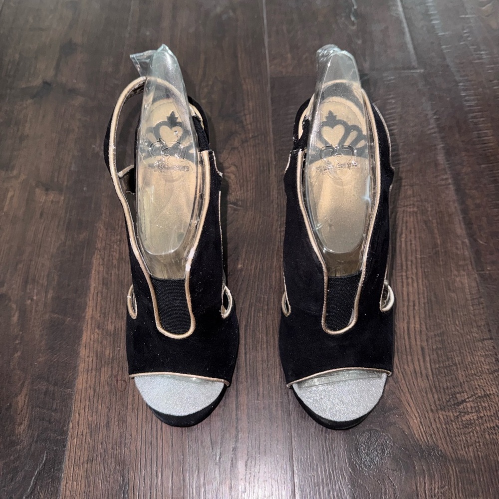 Fergalicious by Fergie Black and Gold Peep-Toe Slingback Heels